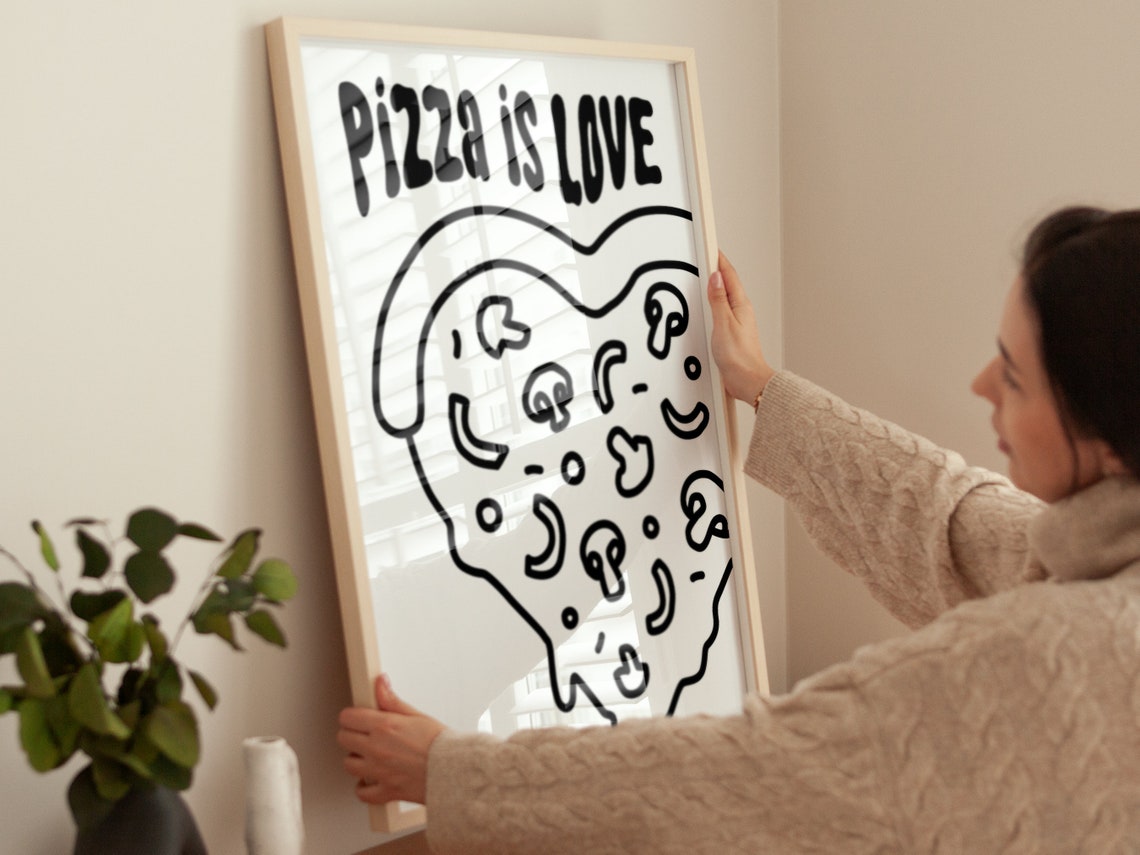 Pizza Is Love Heart Shaped Slice Fun Black White Kitchen Poster - Image 4