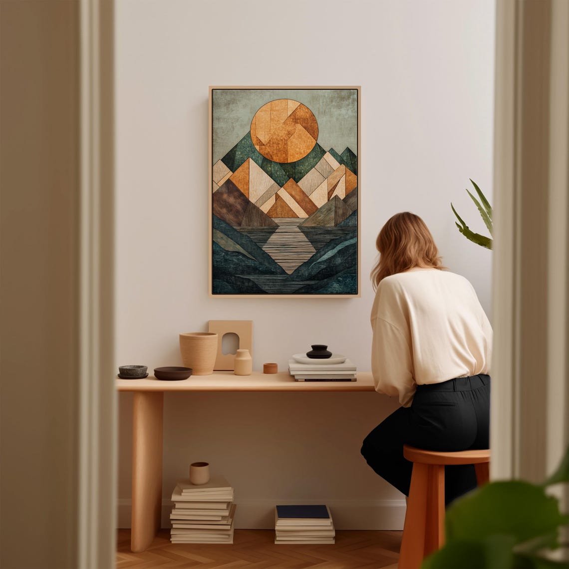 Geometric Mountain Print Abstract Nature Art With Textured Sun And Lake Modern Rustic Wall Decor For Home Or Office - Image 2