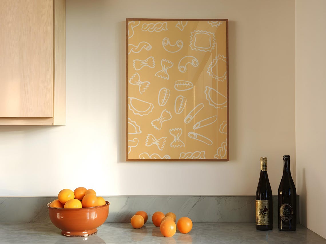 White Pasta Outline Pattern Golden Yellow Modern Kitchen Wall Poster - Image 4