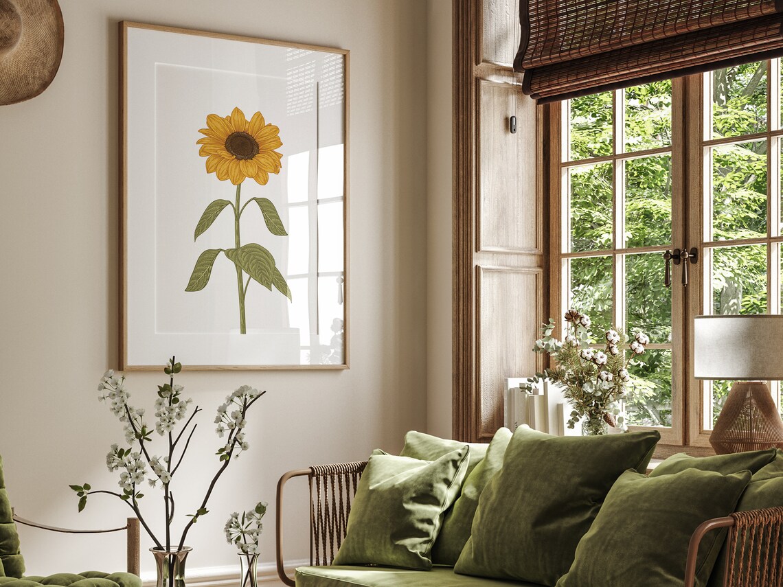 Sunflower Stem Botanical Illustration Vintage Style Floral Wall Art - Image 4