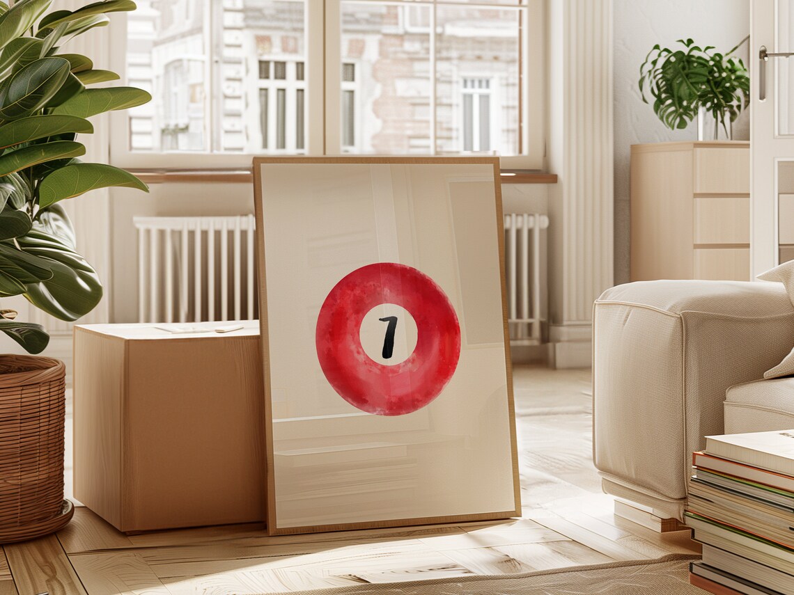 Pool Ball Number 7 Watercolor Retro Billiards Game Room Decor Poster