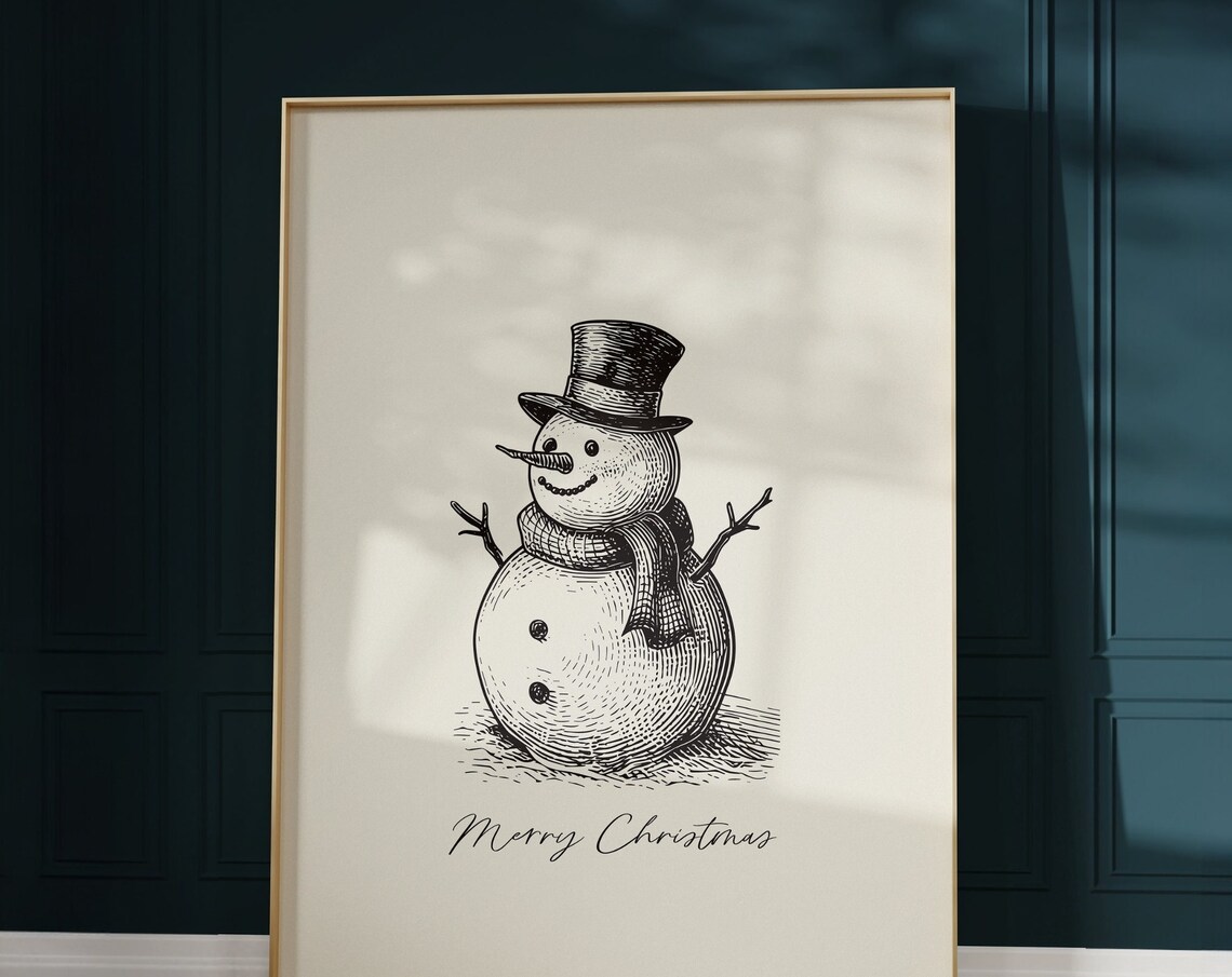 Vintage Snowman Sketch Poster Merry Christmas Rustic Holiday Winter Decor