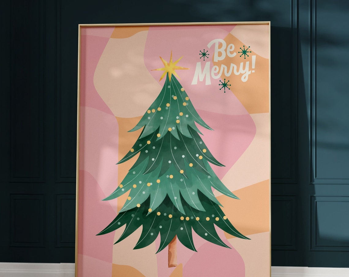 Be Merry Retro Pink Christmas Tree Gold Star Fun Holiday Poster