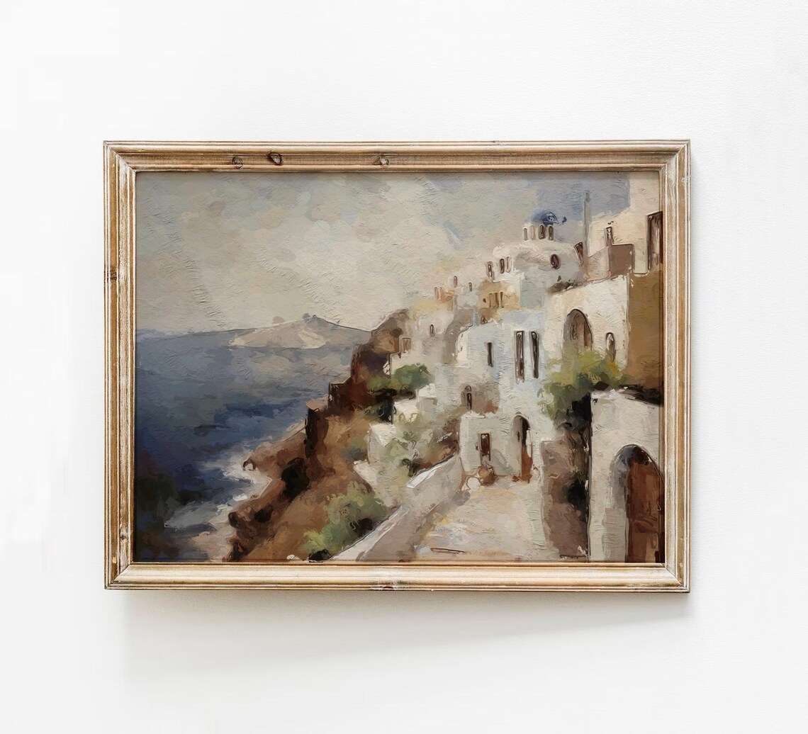 Santorini Greece Whitewashed Village Caldera View Vintage Painting Print