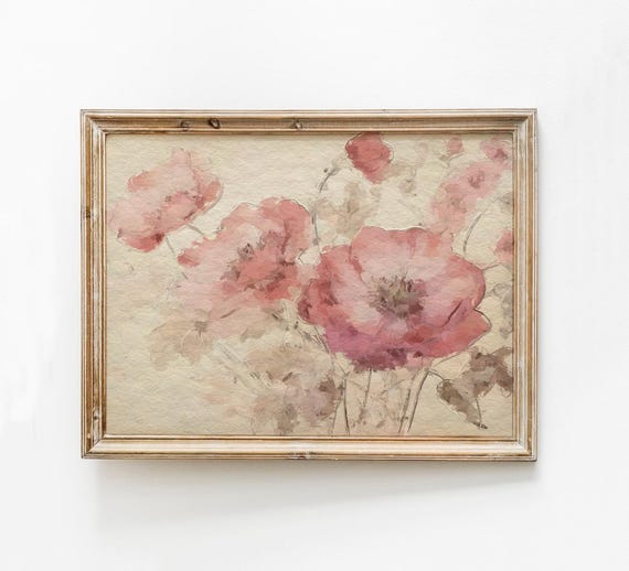 Vintage Flower Print Abstract Floral Antique Pink Rose Painting Girls Room Wall Art Neutral Nursery Decor Watercolor