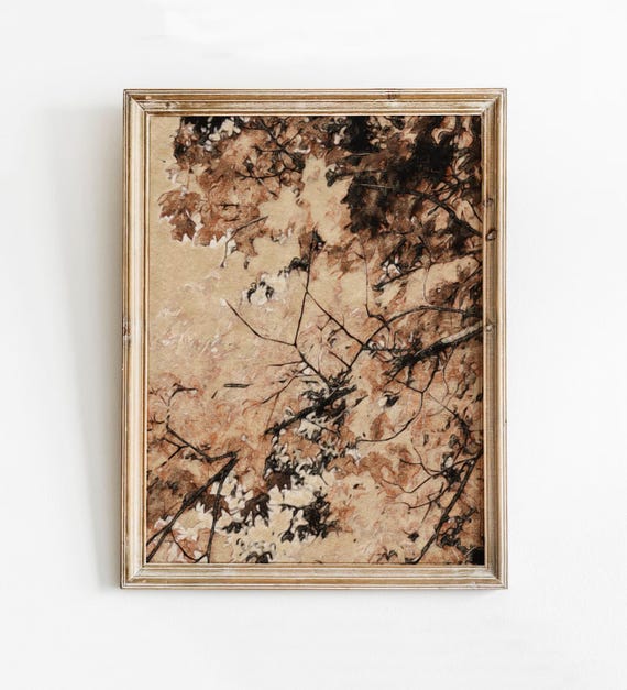 Abstract Beige Leaves Print Fall Oak Leaf Painting Rustic Tree Moody Vintage Autumn Branch Brown Foliage