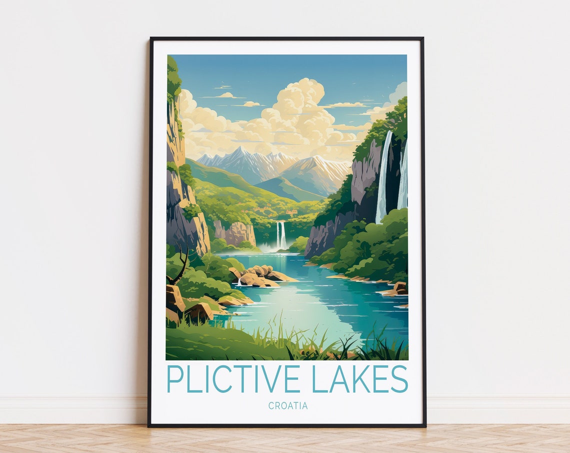 Plitvice Lakes Croatia Waterfall Valley Mountain Travel Poster