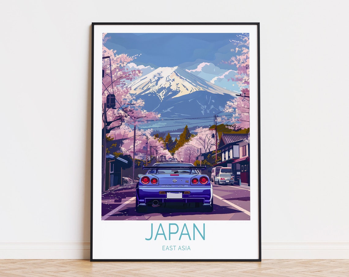 Nissan Skyline GT-R Rear View Cherry Blossom Mount Fuji Poster
