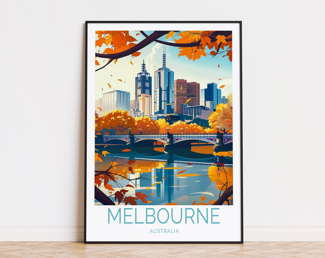 Melbourne Australia Autumn Skyline River Bridge Cityscape Poster