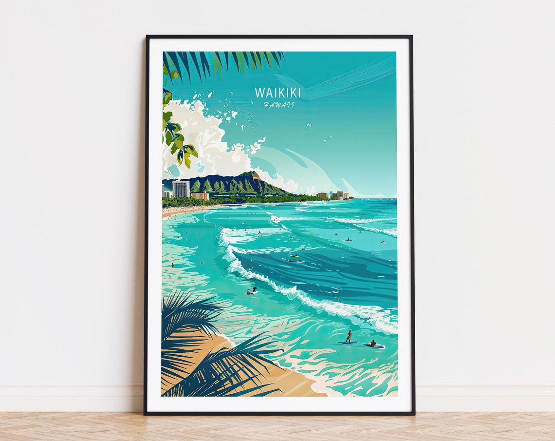 Waikiki Hawaii Turquoise Beach With Diamond Head Travel Poster