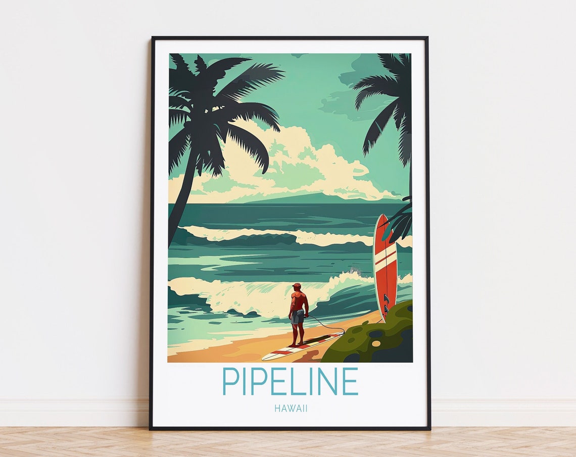 Pipeline Hawaii Beach Surfer Palms Teal Vintage Travel Poster