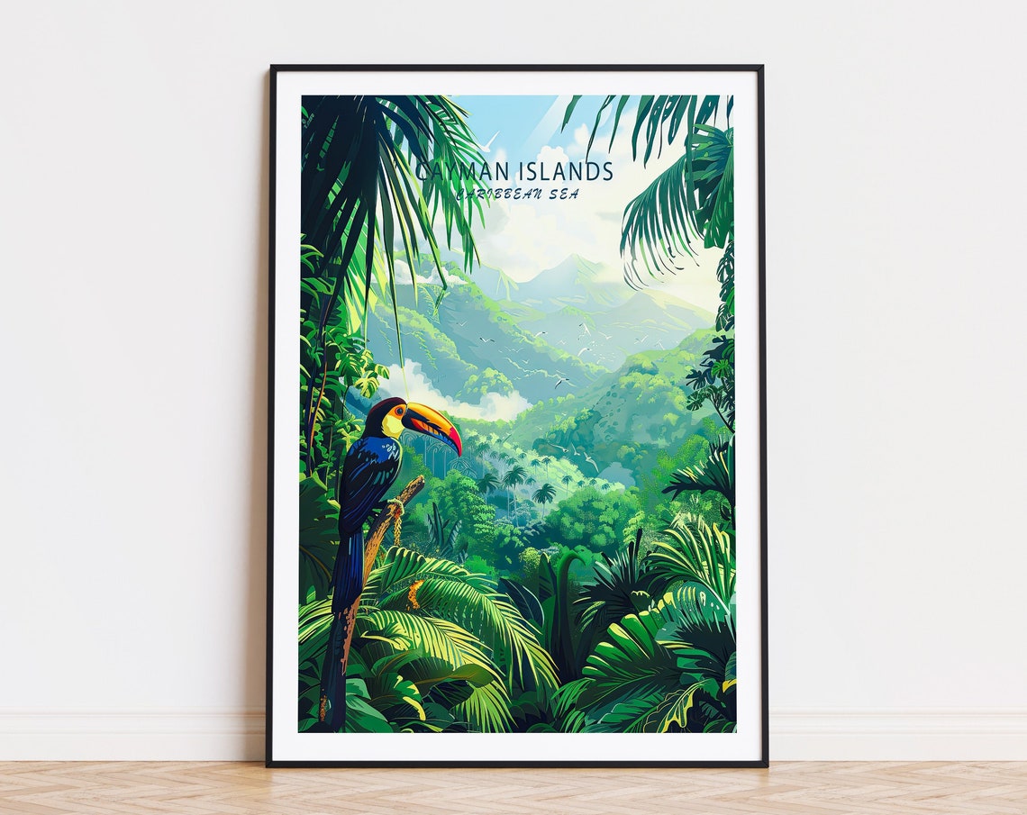 Cayman Islands Caribbean Toucan Over Green Valley Travel Poster