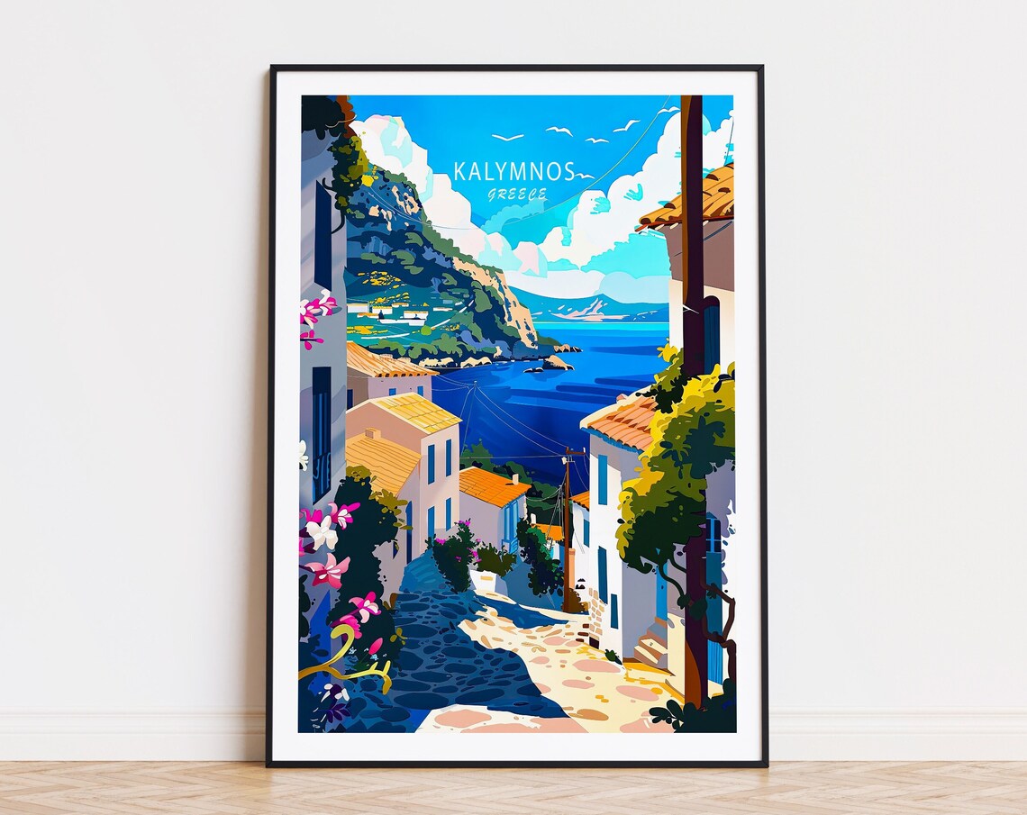 Kalymnos Greece Sunlit Alley Over The Blue Sea Travel Poster