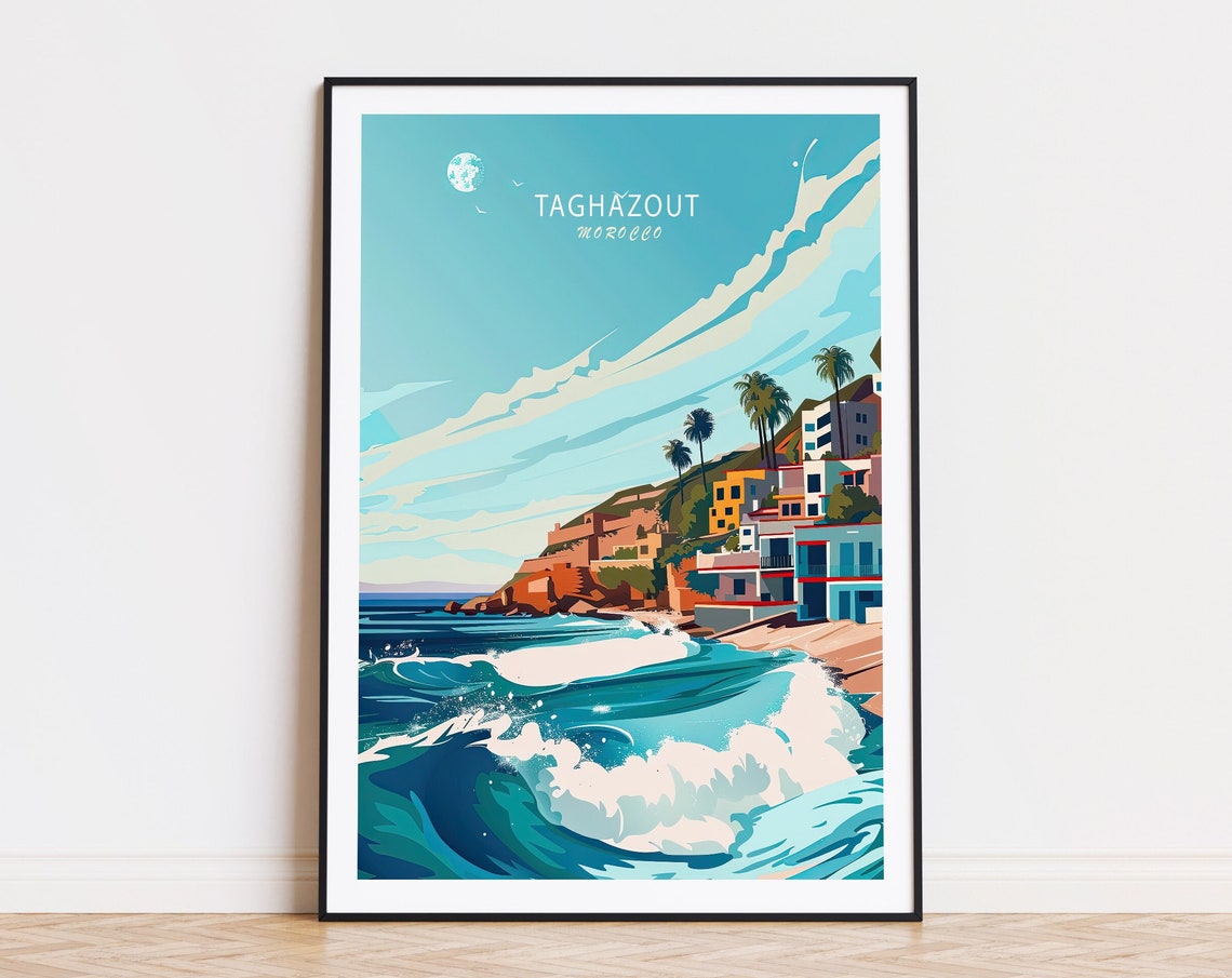Taghazout Morocco Atlantic Surf Beach Town Retro Travel Poster