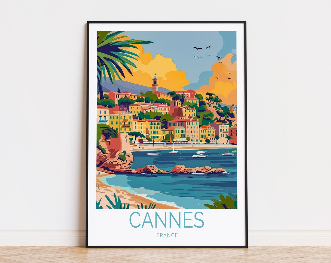 Cannes France Sunset Coastal Town Beach Sailboats Riviera Poster