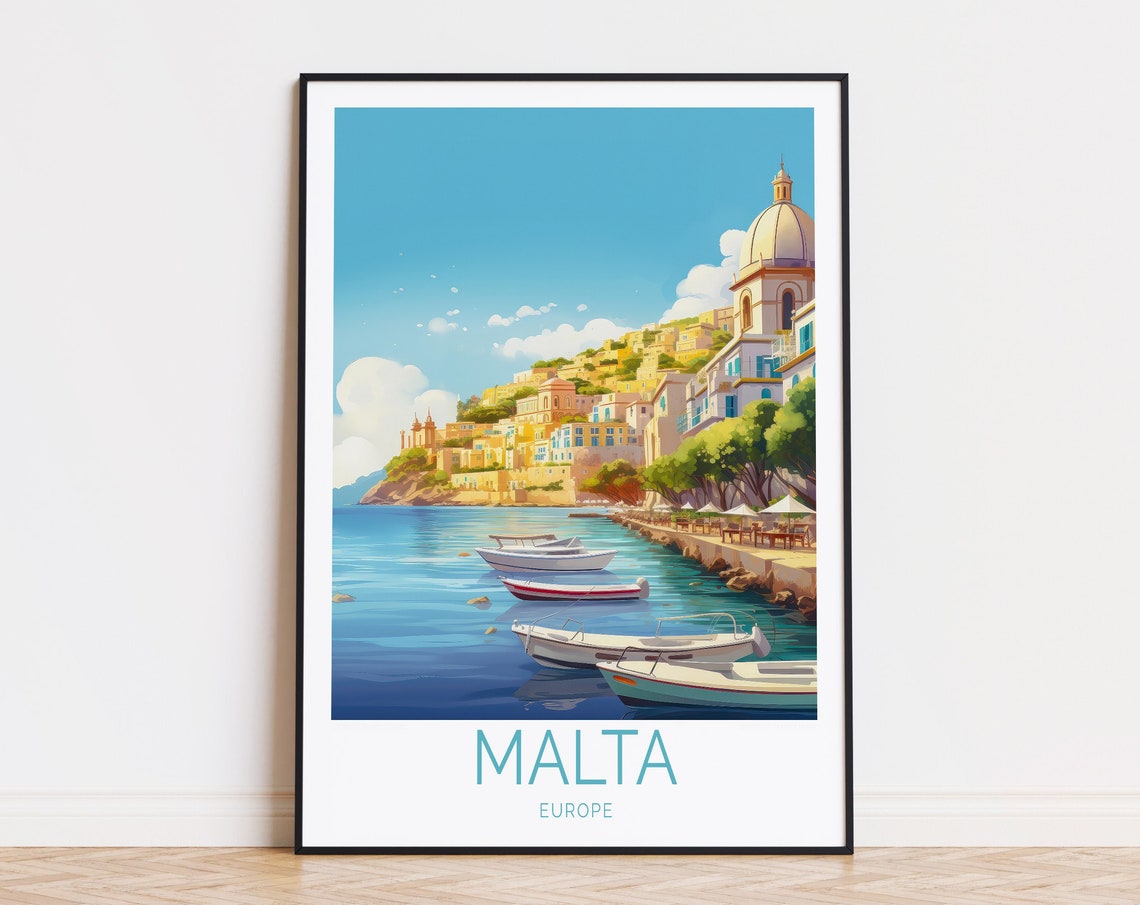 Malta Mediterranean Harbor Coastal Town Vintage Travel Poster