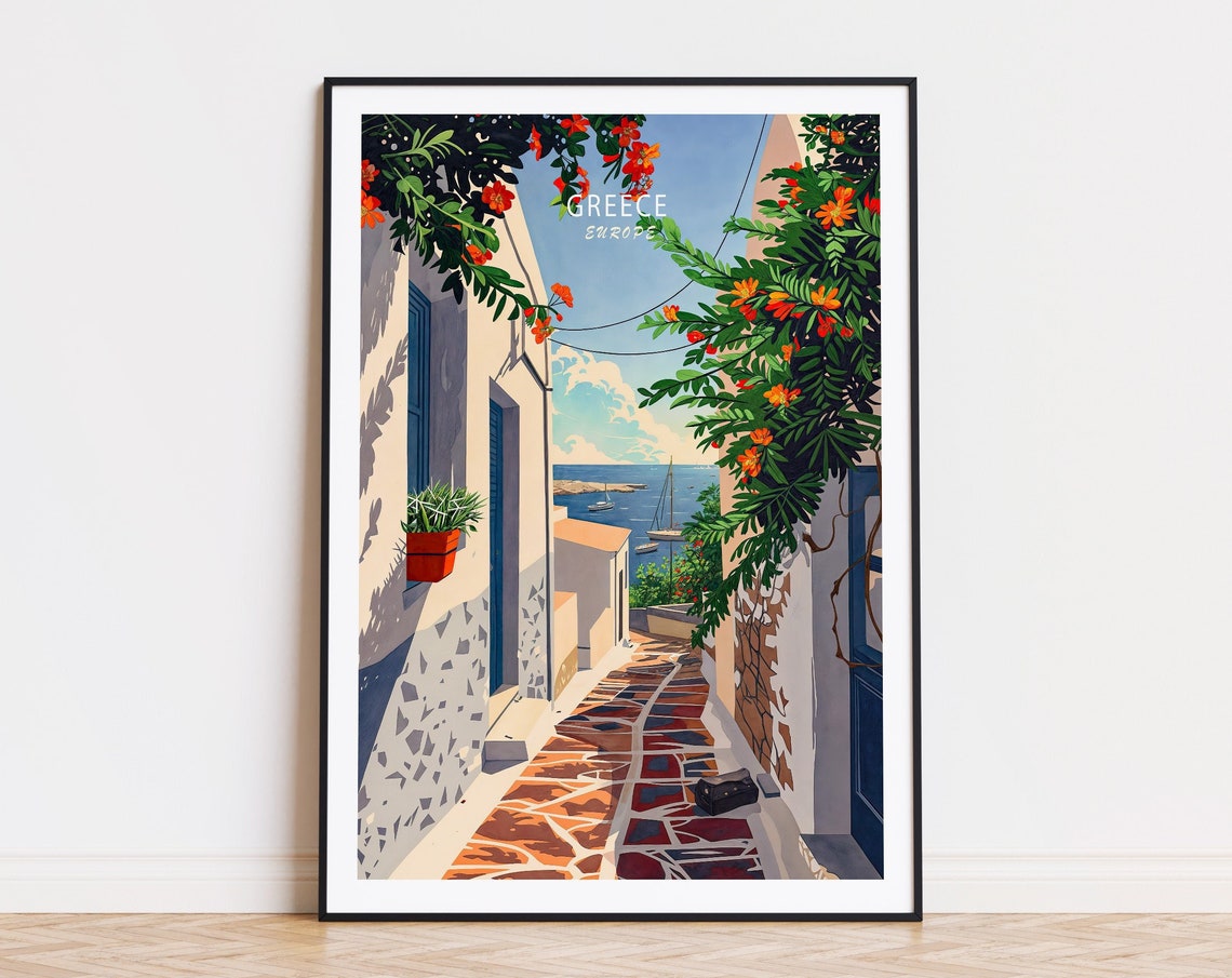 Greece Island Alley Bougainvillea Sea View Mediterranean Travel Poster