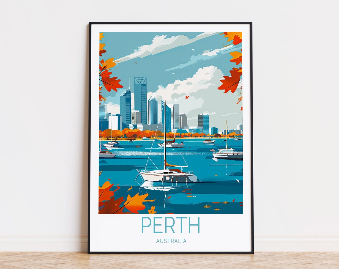 Perth Australia Skyline Harbor Sailboats Vintage Travel Poster