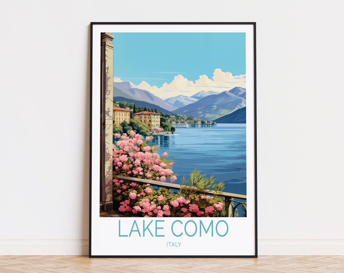 Lake Como Italy Lakeside Villas Mountains Vintage Travel Poster