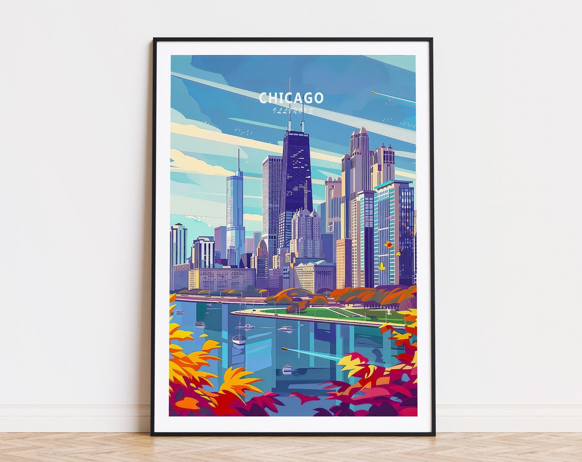 Chicago Illinois Skyline Lakefront Autumn Foliage Travel Poster