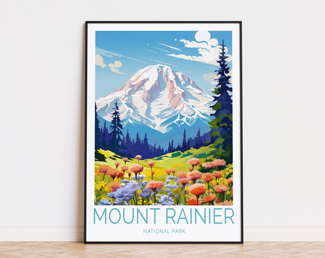 Mount Rainier Travel Poster National Park Wall Art Mount Rainier National Park Print National Park City Birthday Gifts