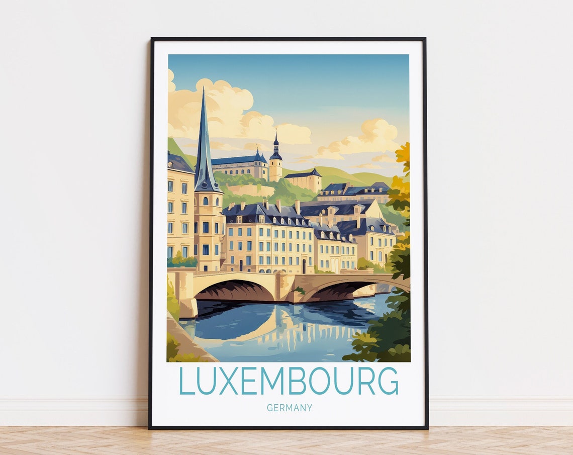 Luxembourg Old Town Riverside City Skyline Vintage Travel Poster