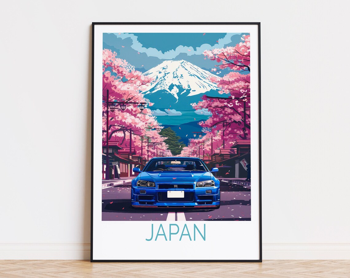 Nissan Skyline GT-R R34 Cherry Blossom Mount Fuji Japan Poster