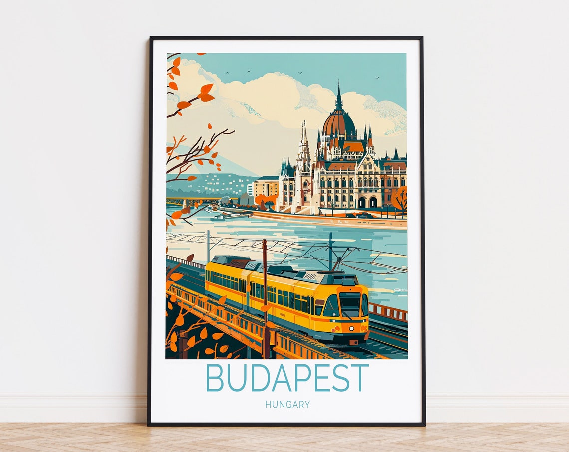 Budapest Hungary Parliament Tram Danube Autumn Travel Poster