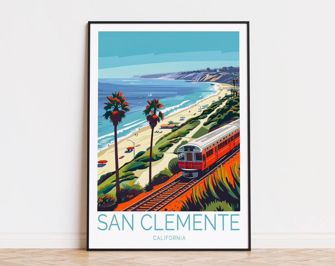 San Clemente California Coastal Train Beach Palm Scene Wall Art