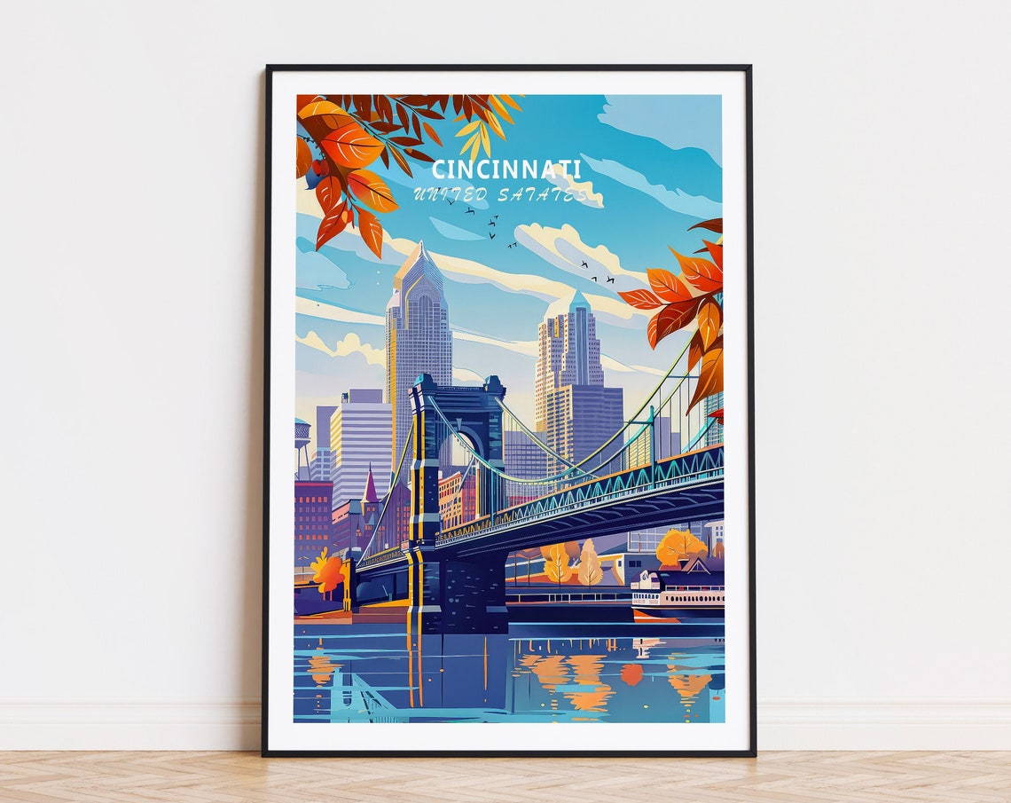 Cincinnati Ohio Roebling Bridge Autumn Skyline Travel Poster