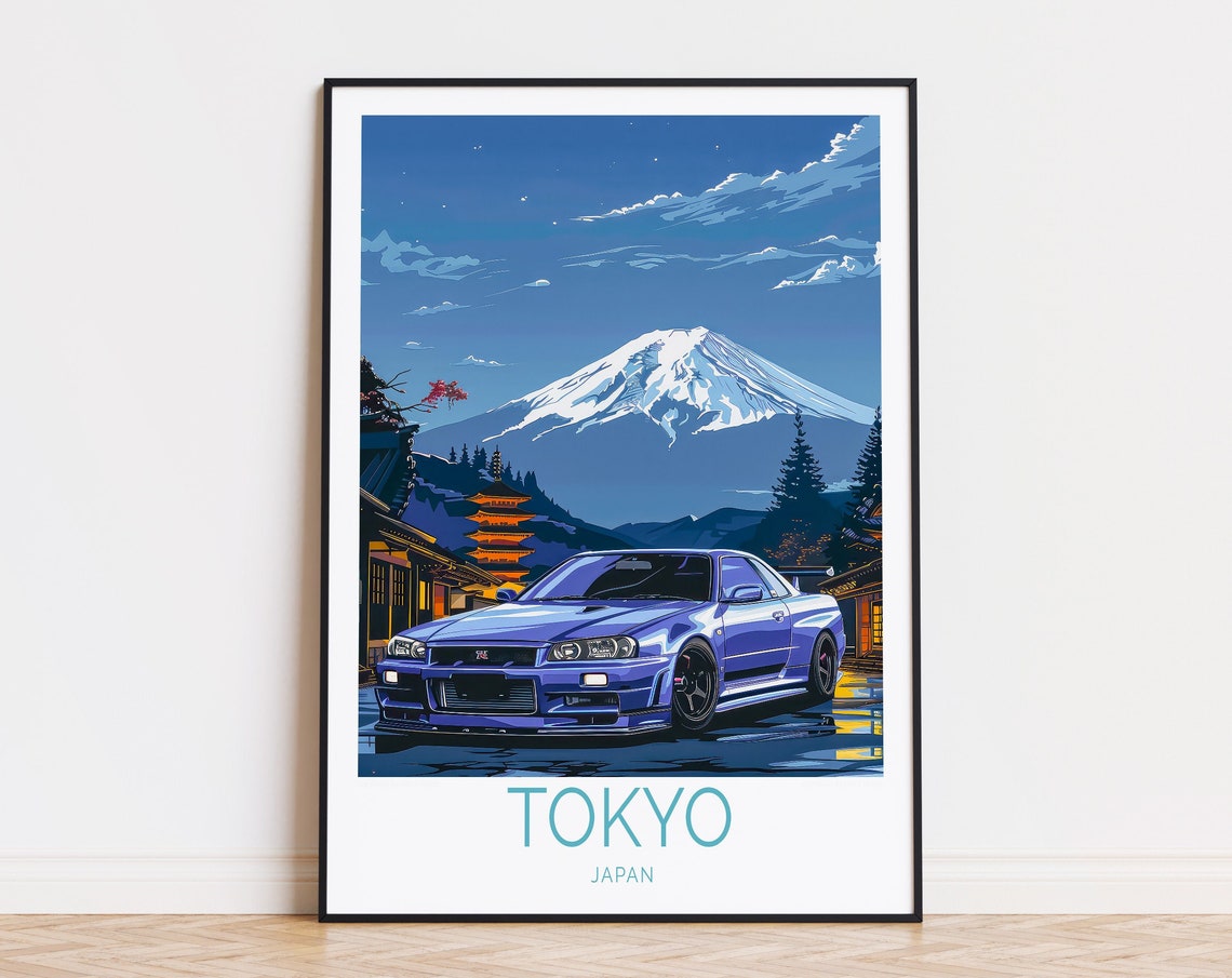 Nissan Skyline GT-R R34 Midnight Tokyo Mount Fuji Pagoda Poster