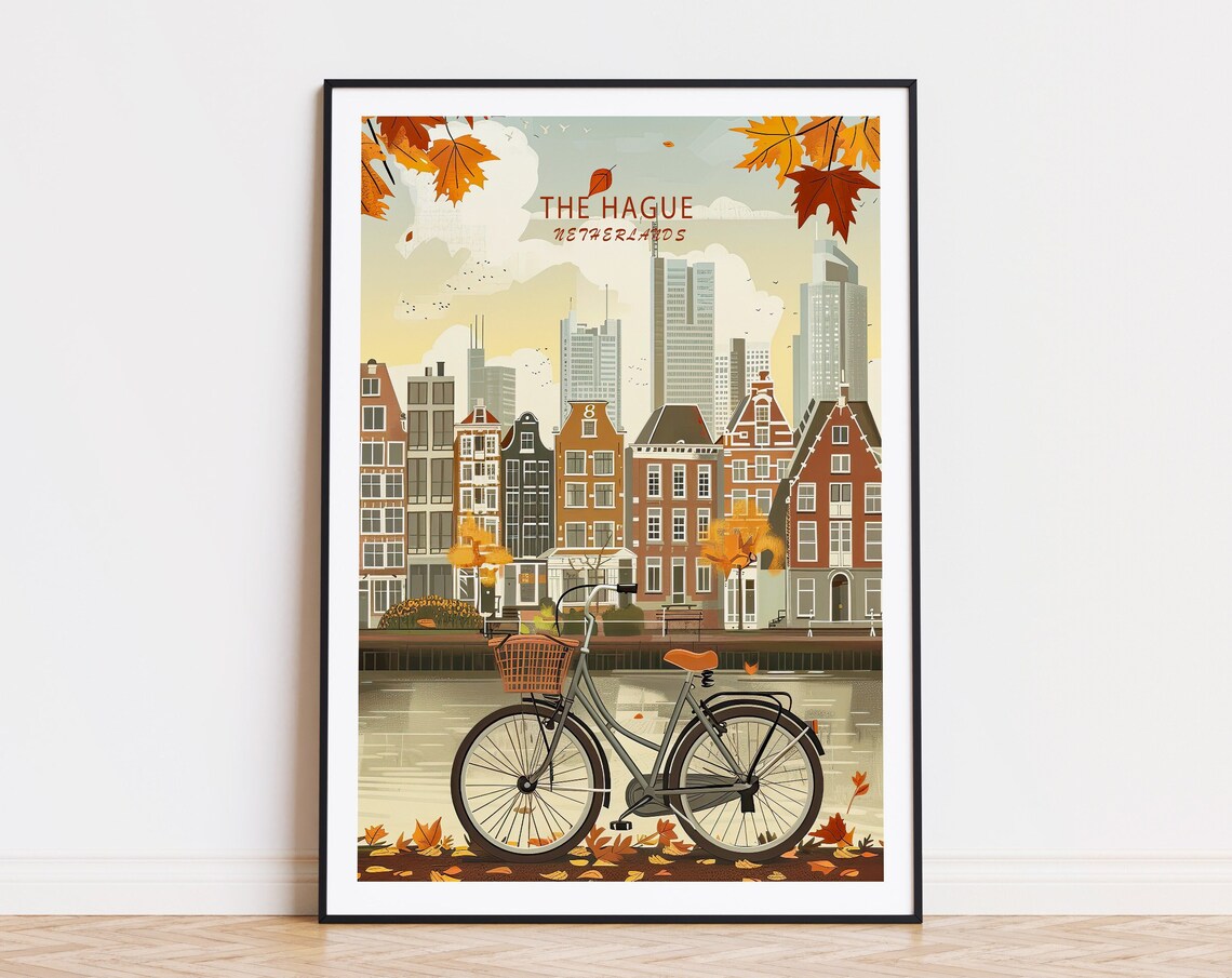 The Hague Netherlands Dutch Canal Houses Bicycle Autumn Poster