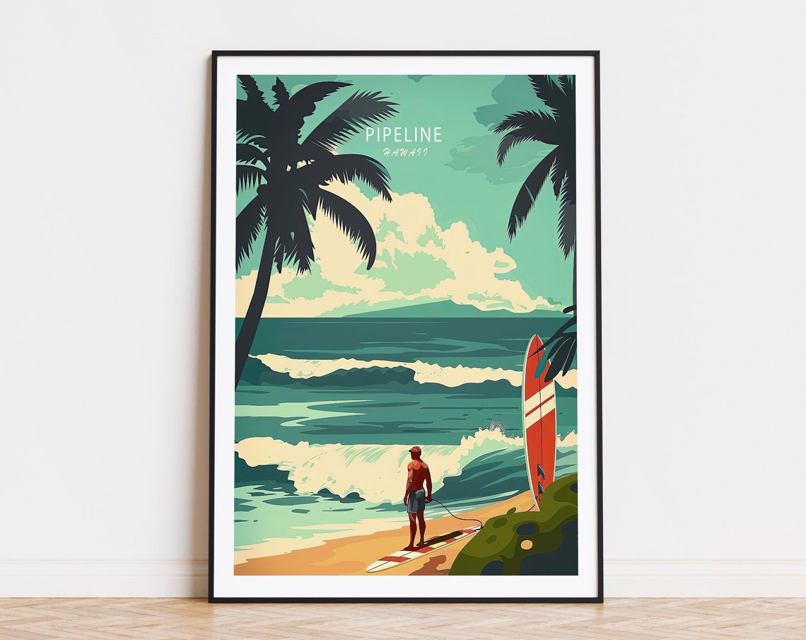 Pipeline Hawaii Surfer Watching Ocean Waves Retro Travel Poster