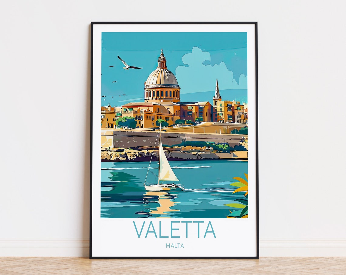 Valetta Malta Harbor Dome And Sailboat Skyline Travel Poster