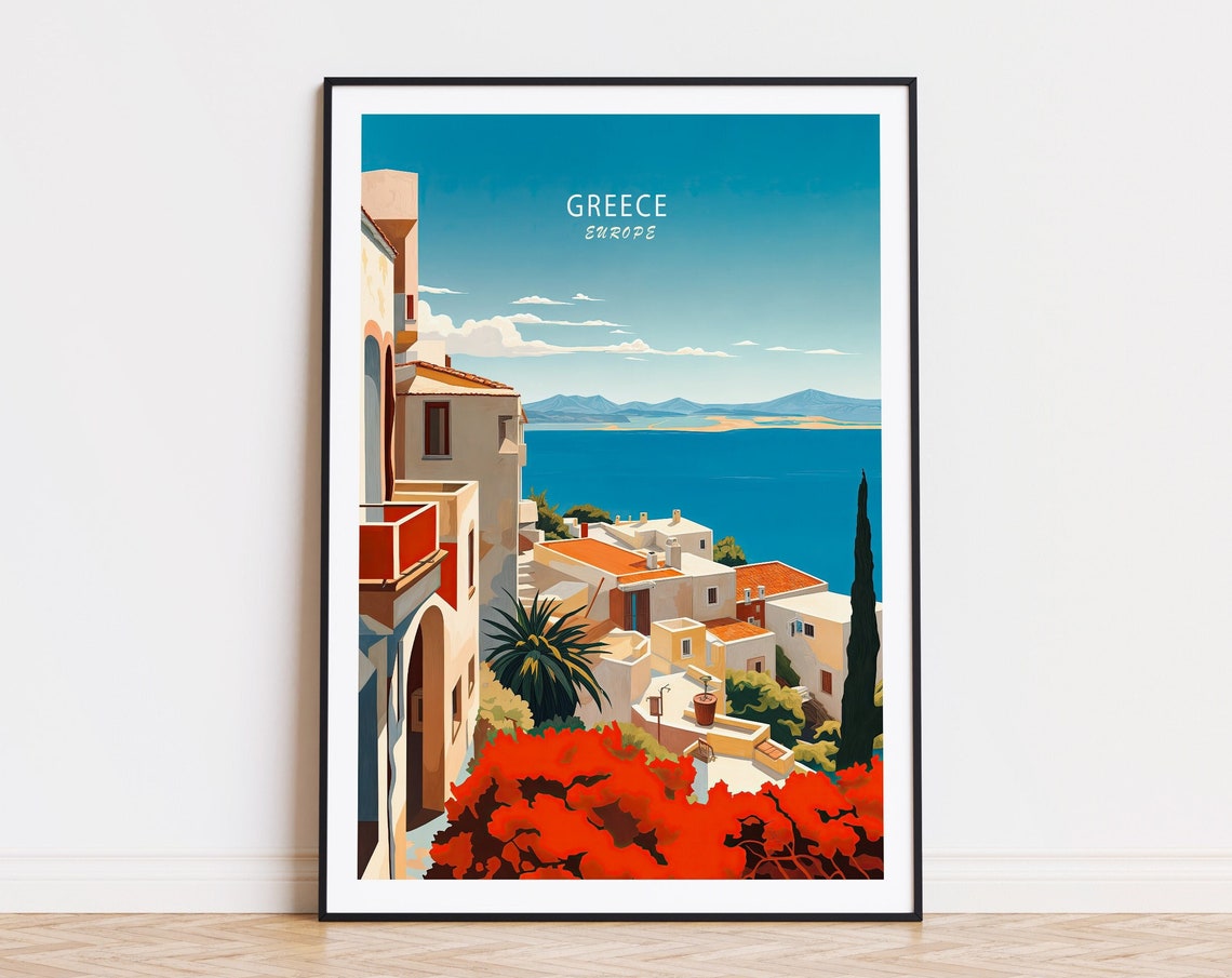Greece Europe Hillside Village And Bougainvillea Travel Poster