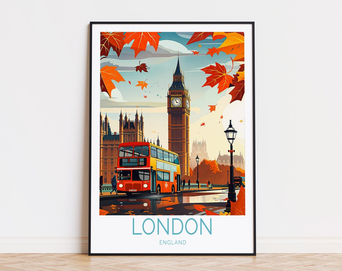 London England Big Ben Red Bus Autumn Fall Vintage Travel Poster