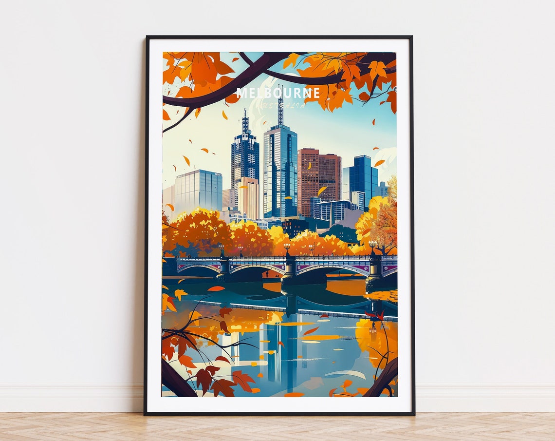 Melbourne Australia Autumn Skyline River Bridge Travel Poster