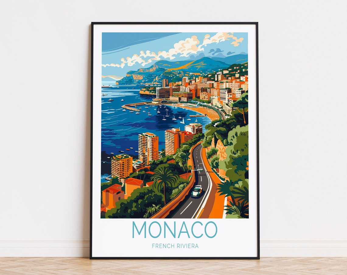 Monaco French Riviera Harbor Coast Road Aerial Travel Poster
