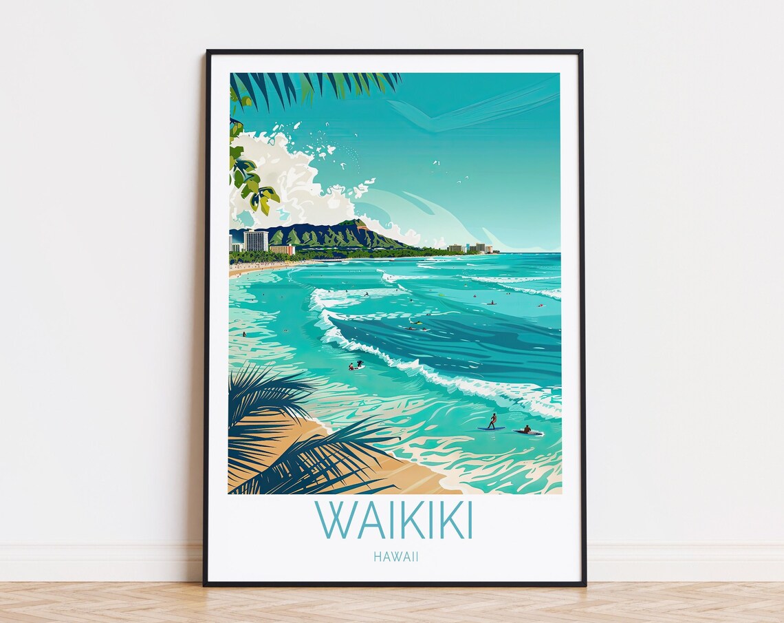 Waikiki Hawaii Travel Poster, Surf and Coast Art
