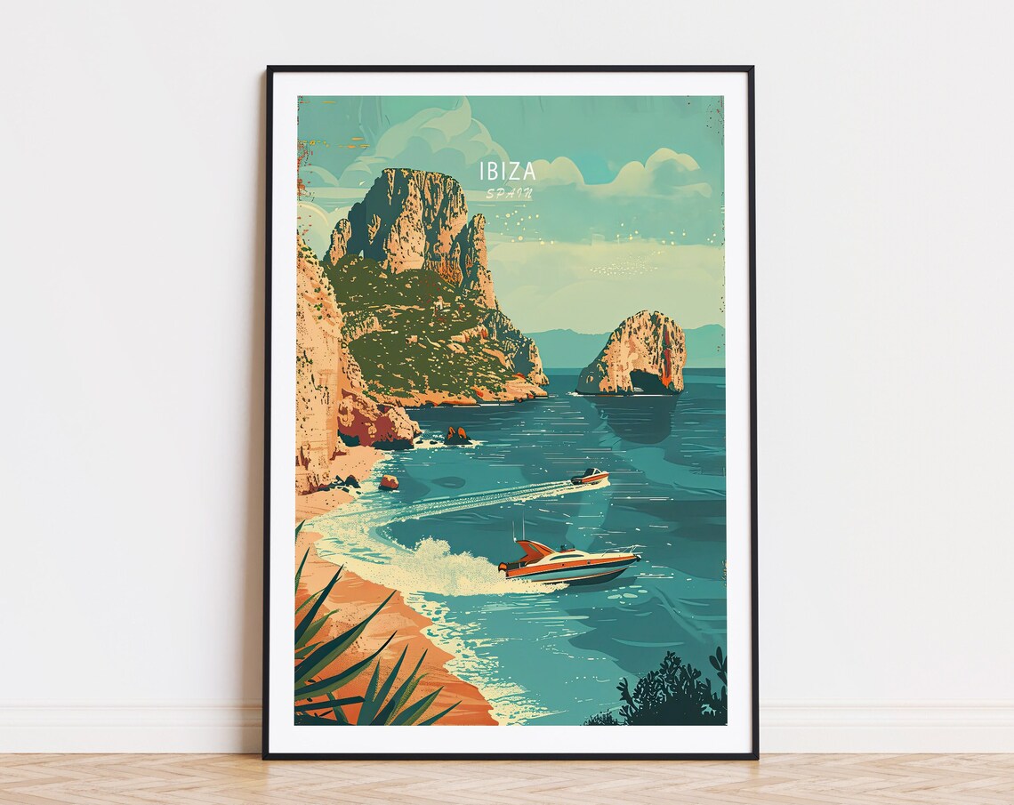 Ibiza Spain Rocky Cliffs Speedboats Retro Beach Travel Poster