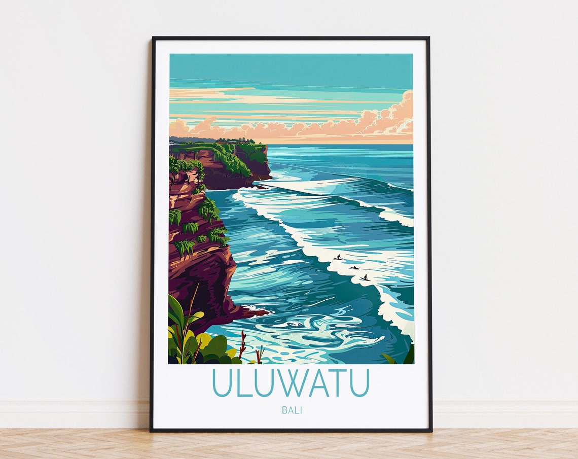 Uluwatu Bali Surf Cliffs Ocean Waves Surfer Travel Illustration Poster
