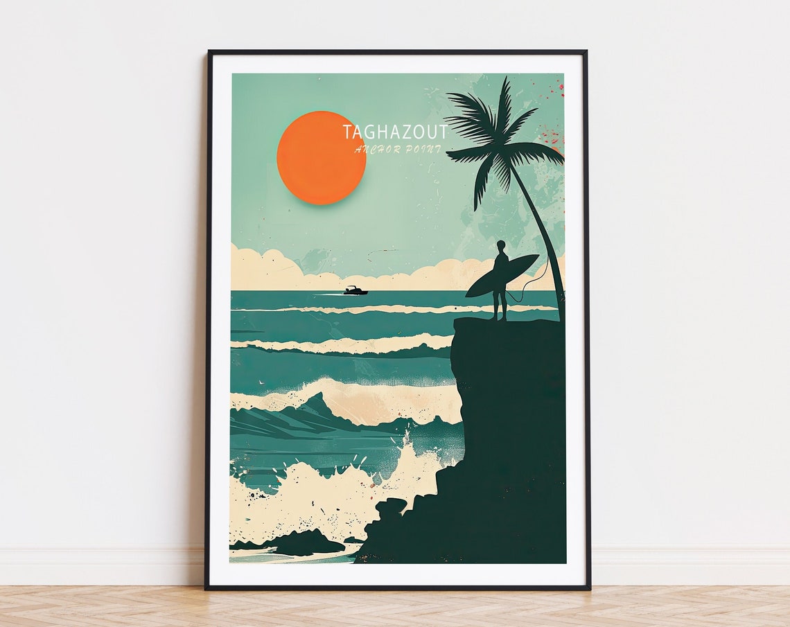 Taghazout Anchor Point Cliff Surfer Morocco Retro Travel Poster