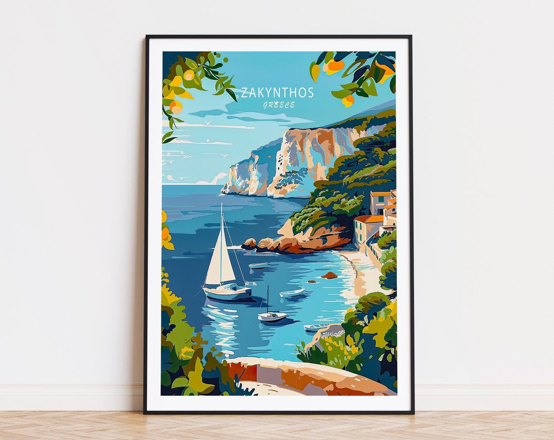 Zakynthos Greece Lemon Branch View Over Cliff Cove Travel Poster