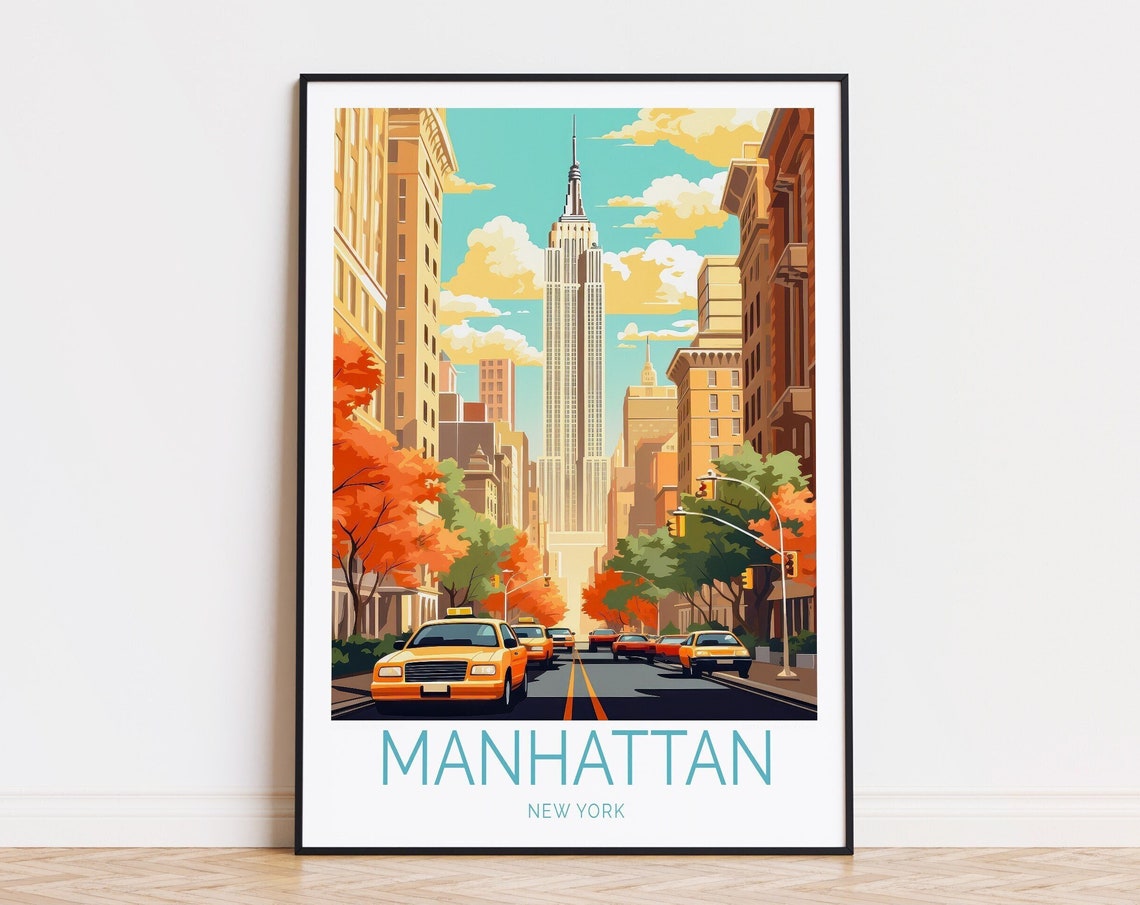Manhattan New York Empire State Building Street Scene Travel Poster