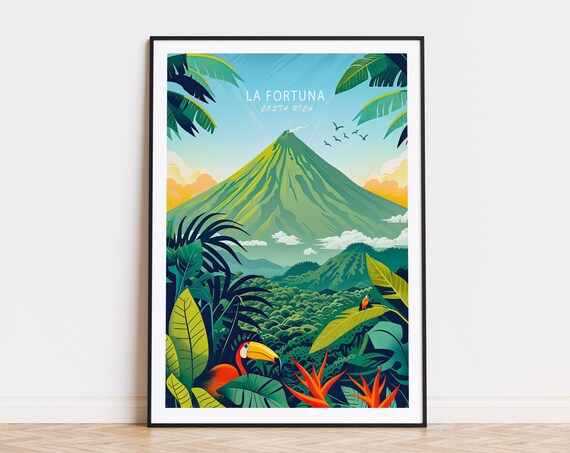 La Fortuna Costa Rica Volcano Toucan Tropical Jungle Travel Poster