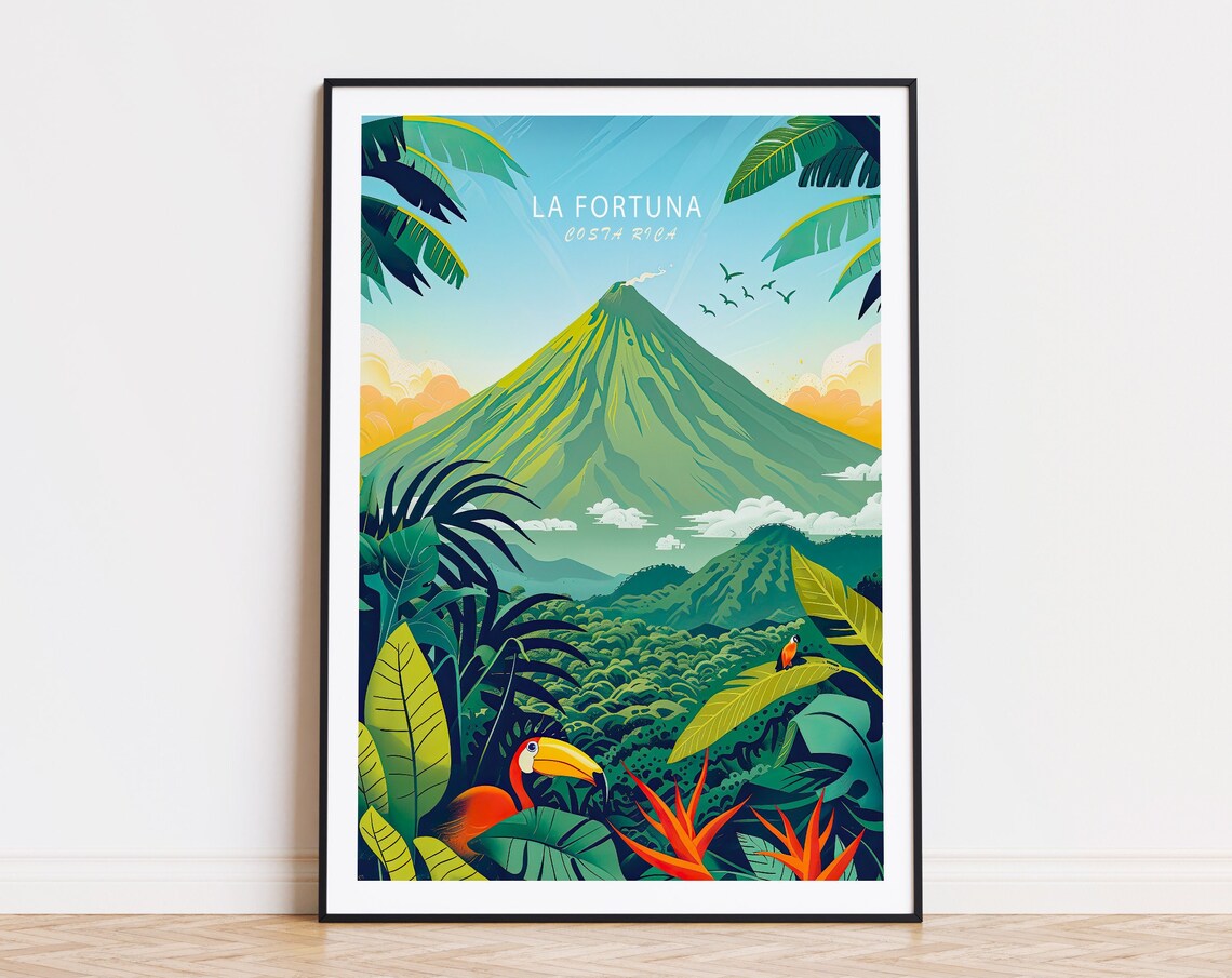 La Fortuna Costa Rica Volcano Toucan Tropical Jungle Travel Poster