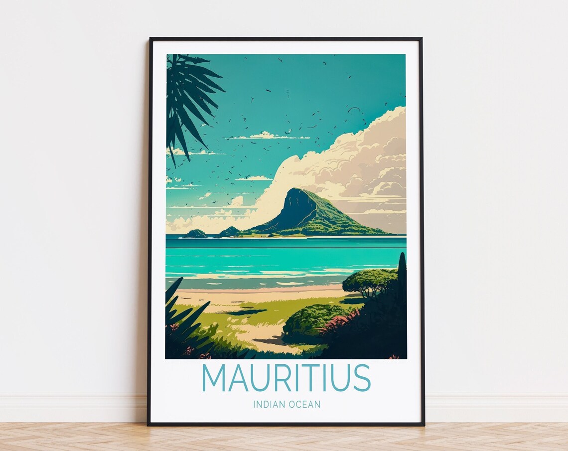 Mauritius Le Morne Mountain Beach Seagulls Vintage Travel Poster