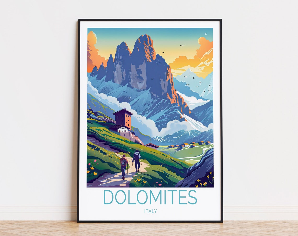 Dolomites Italy Hikers On Trail Toward Towering Alpine Peak Poster