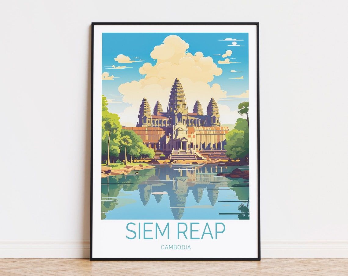 Cambodia Angkor Wat Siem Reap Temple Sunrise Reflection Travel Poster