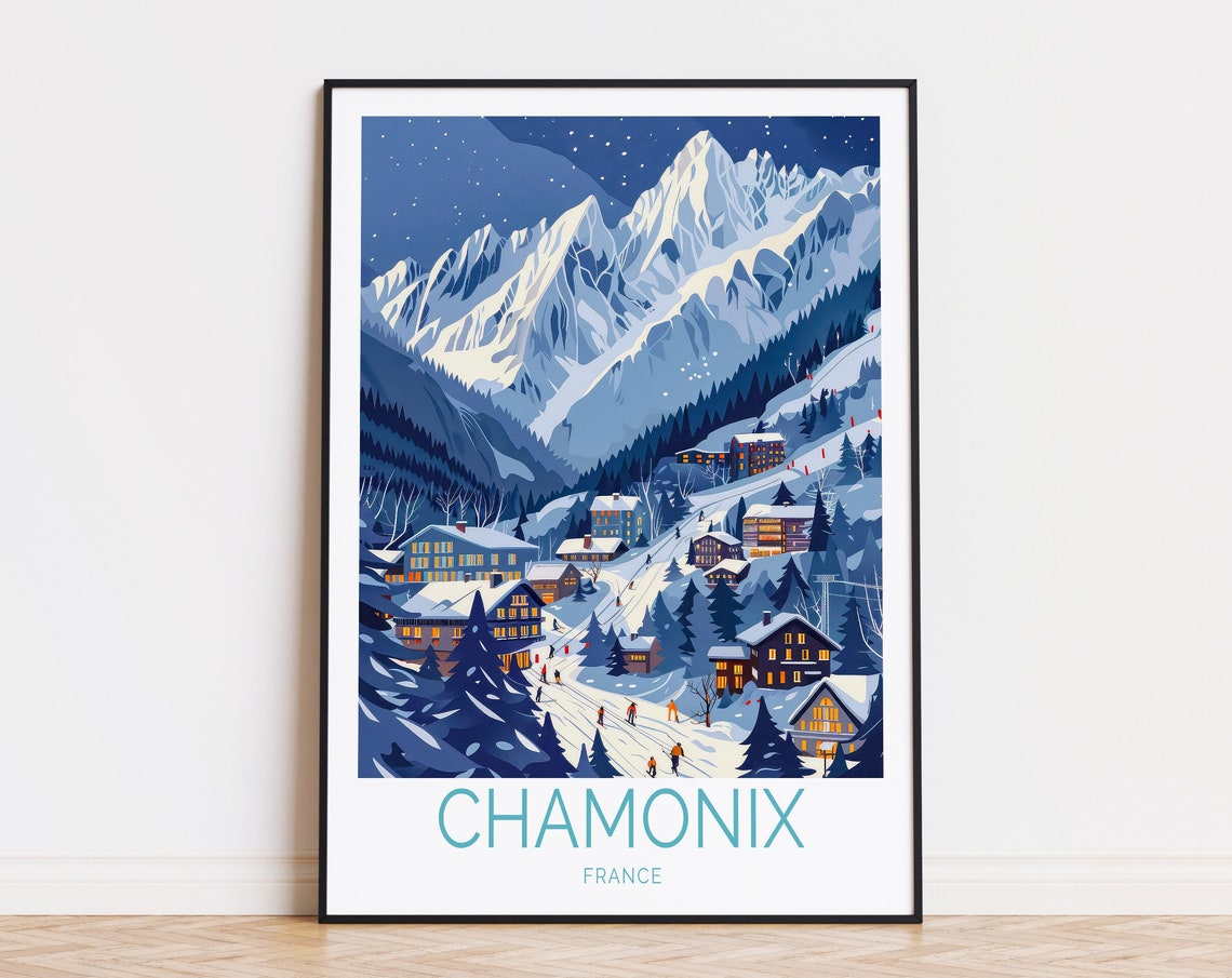 Chamonix France Night Ski Village Mont Blanc Peaks Travel Poster